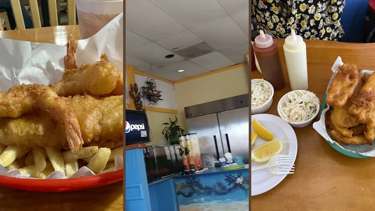 Plated fish, prawns, and hush puppies in a diner style.