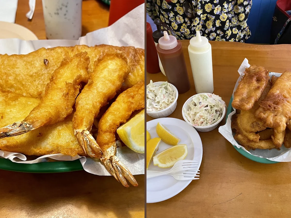 A casual table setting with fried seafood and coleslaw.