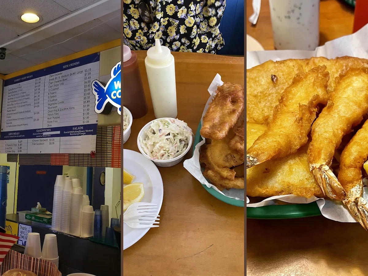 Golden fried fish and chips on a white plate.